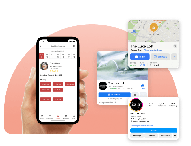 A phone and tablet showing Vagaro’s online booking in our tanning software and marketplace