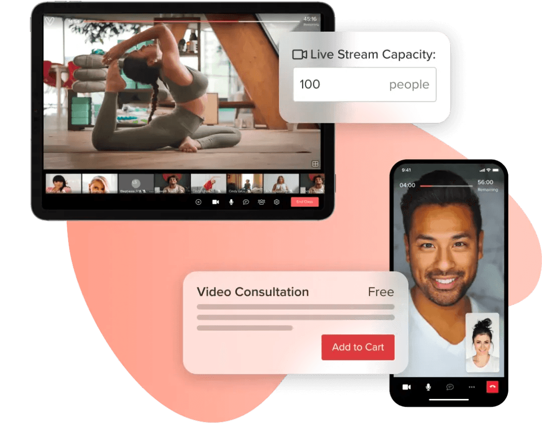 An image of a tablet and phone showing Vagaro's live streaming service with customer popups from our video consultation software.