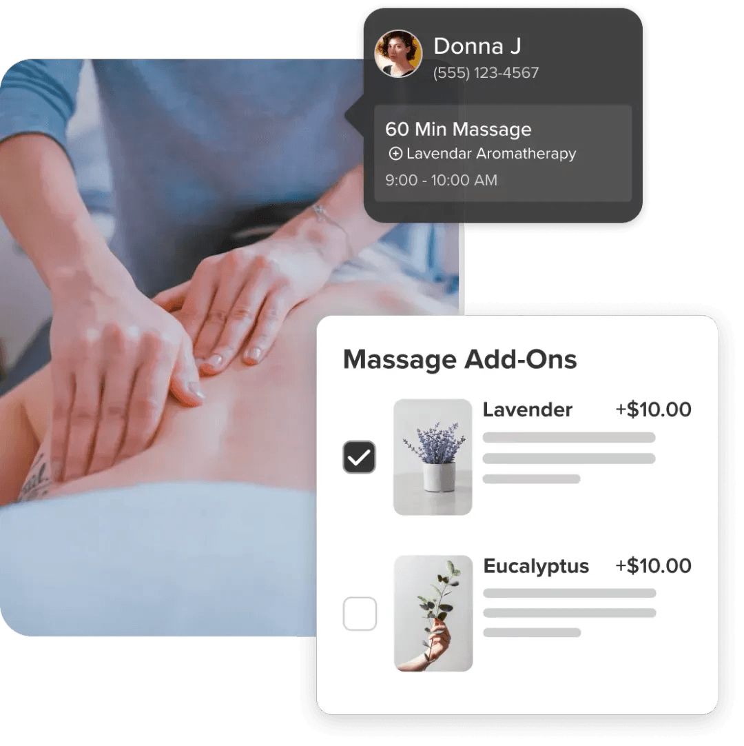 An image of a customer having a massage service in a spa with a popup from Vagaro’s online booking software.