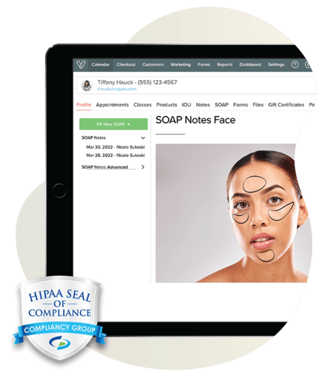 A tablet showing the SOAP notes feature withing Vagaro’s medical spa software.
