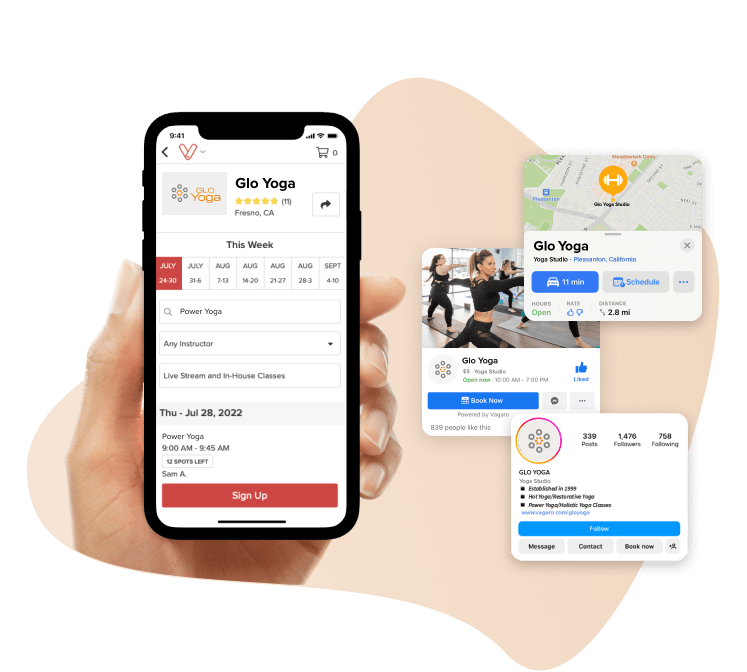 images showcasing yoga booking software through the vagaro app, google maps, apple maps, and instagram