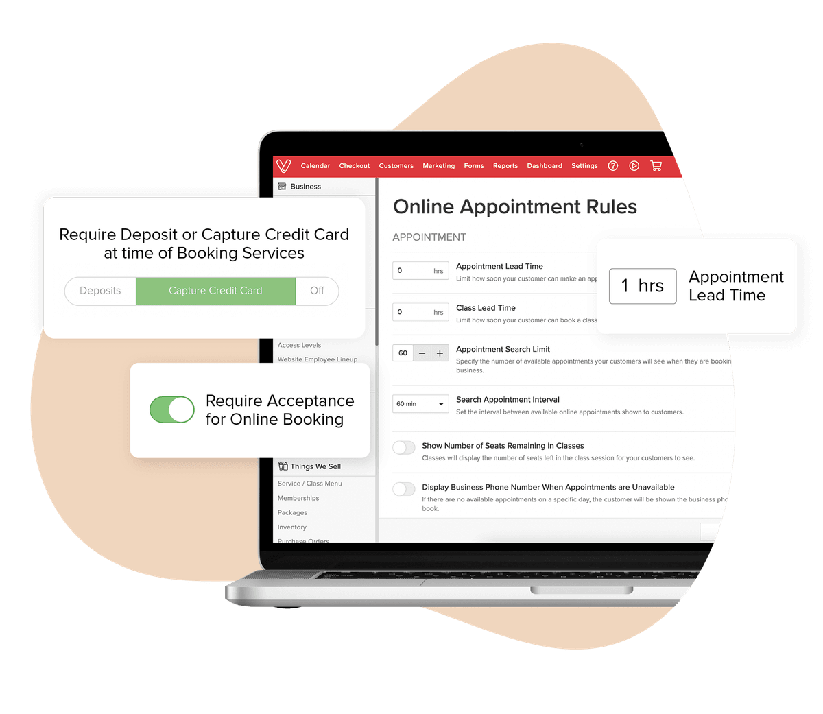 Laptop with online booking system showcasing online appointment rules that can be modified.