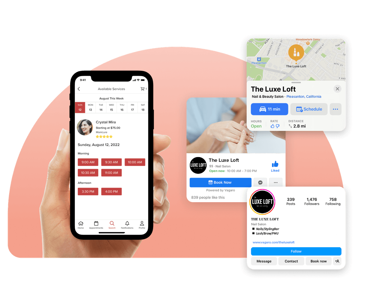 A phone showing the nail booking software on Vagaro marketplace 
