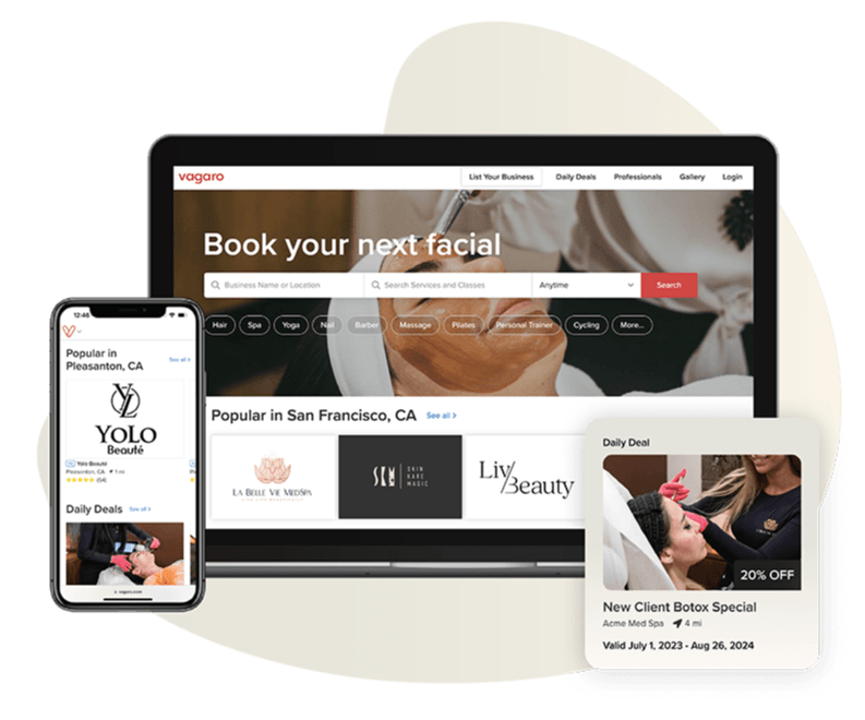 A tablet and phone showing Vagaro’s online booking and customer popups in our medical spa software & marketplace