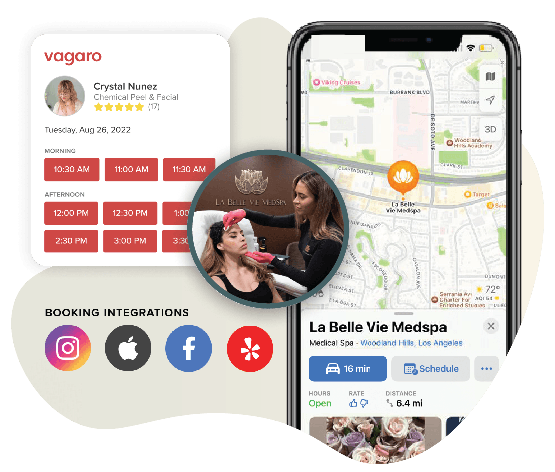 A phone showing Vagaro’s online booking and customer popups in our medical spa software and marketplace