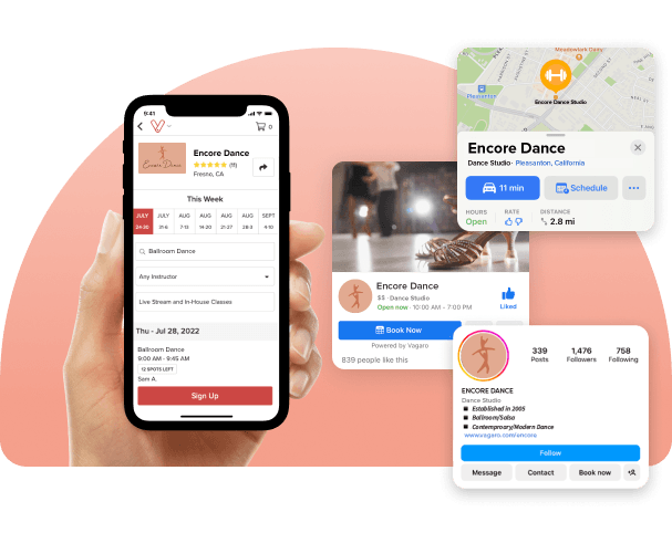 A phone showing Vagaro’s online booking and customer popups in our dance studio software and marketplace