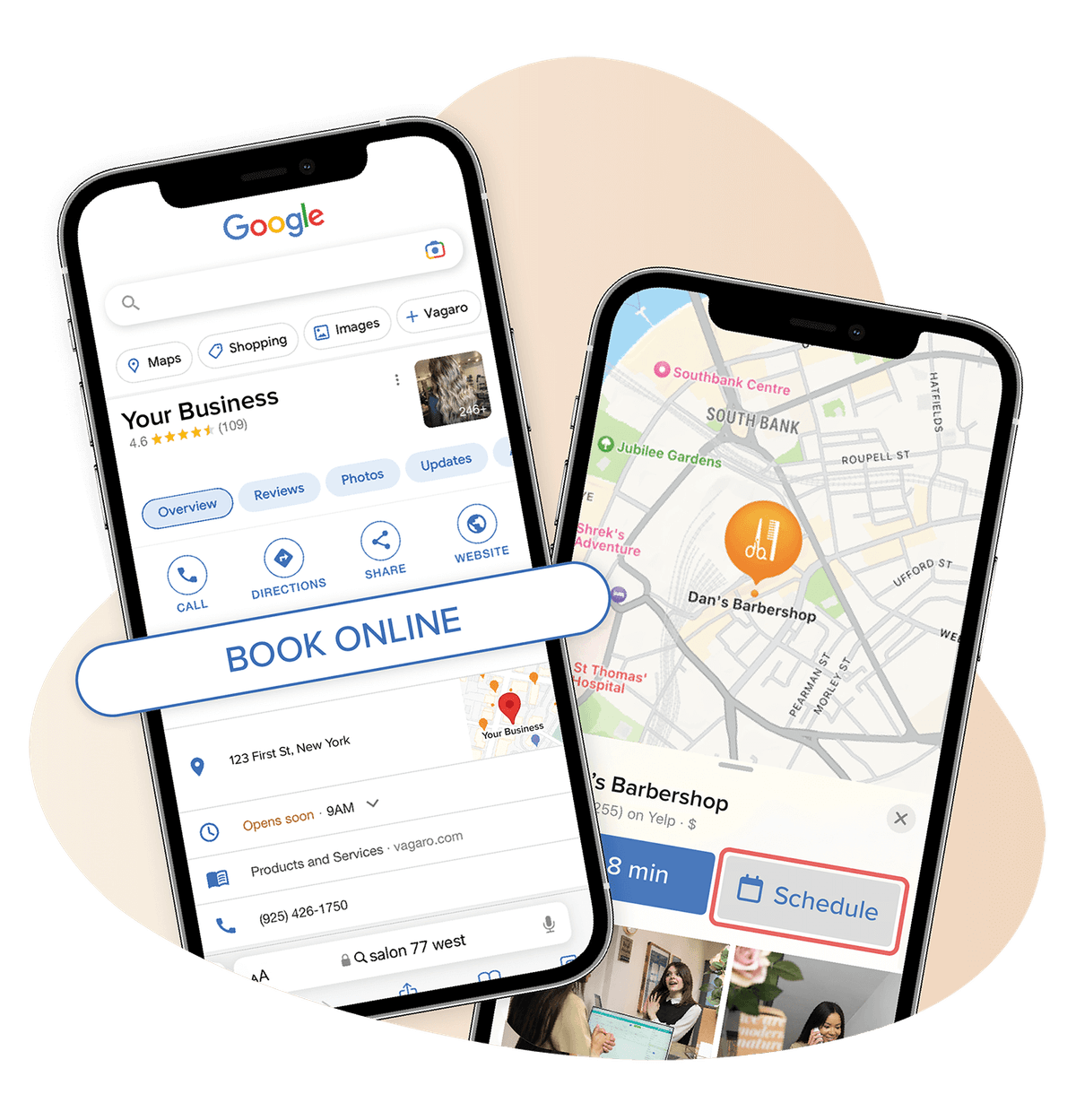 Phones with Google Maps and Apple Maps showing online scheduling compatibility with Vagaro.