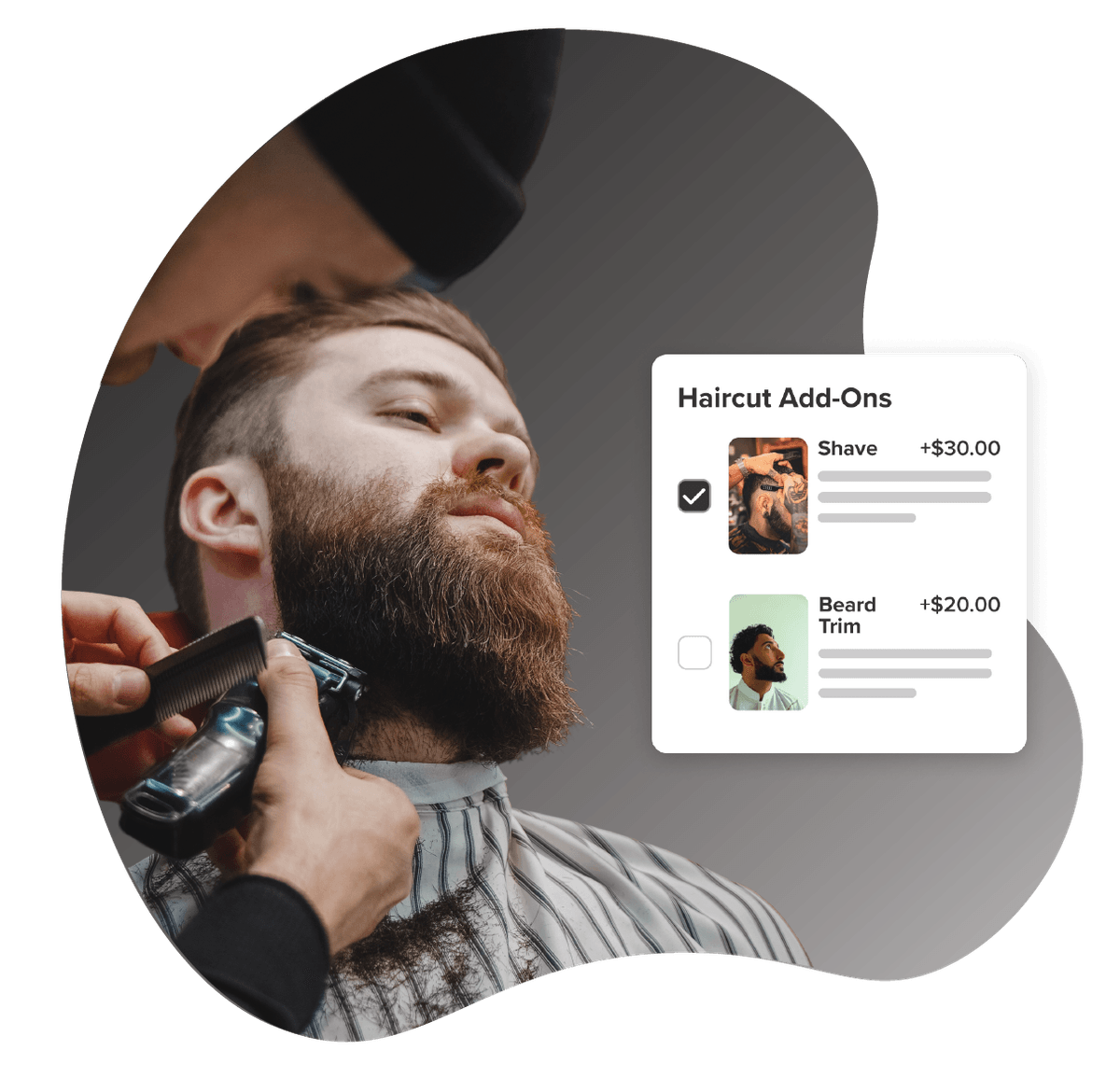 Barber trimming man's beard and barber app haircut add-ons pop-out