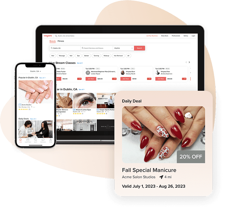 phone and laptop showing Vagaro's marketplace within the nail salon software 