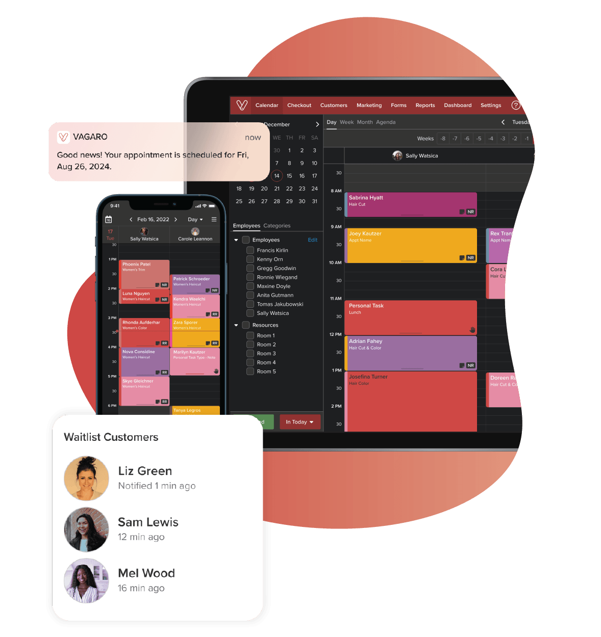 mobile phone and tablet using salon scheduling software in dark mode