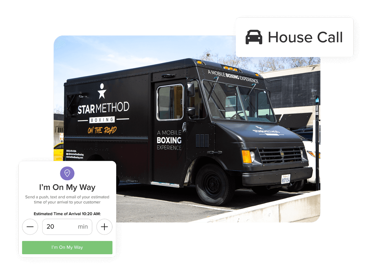 Mobile boxing business van pictured and user online booking system option in the foreground to send an ETA push notification.