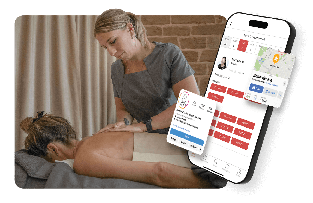 A phone and tablet showing Vagaro’s online booking in our massage software and marketplace