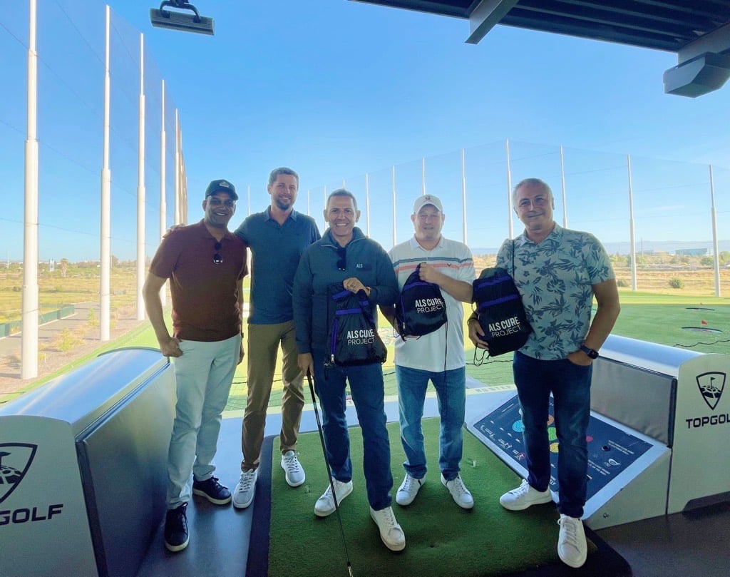 An image of Vagaro’s CEO Fred Helou and 4 members of the ALS Cure Project pictured at the 2nd Annual Topgolfin’ event sponsored by Vagaro