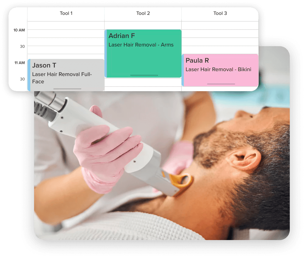 An image of a customer having a laser hair removal service in a spa with a popup from Vagaro’s online booking software.