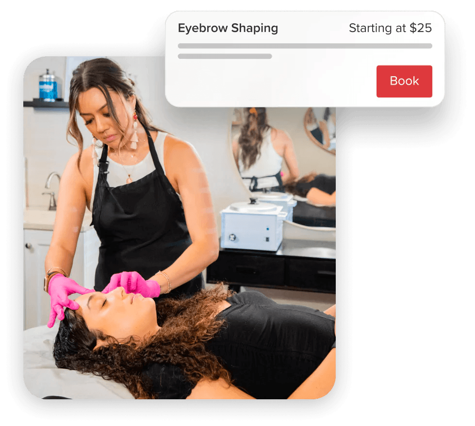 An image of a customer having an eyebrow service in a salon with a customer popup from our online booking software.