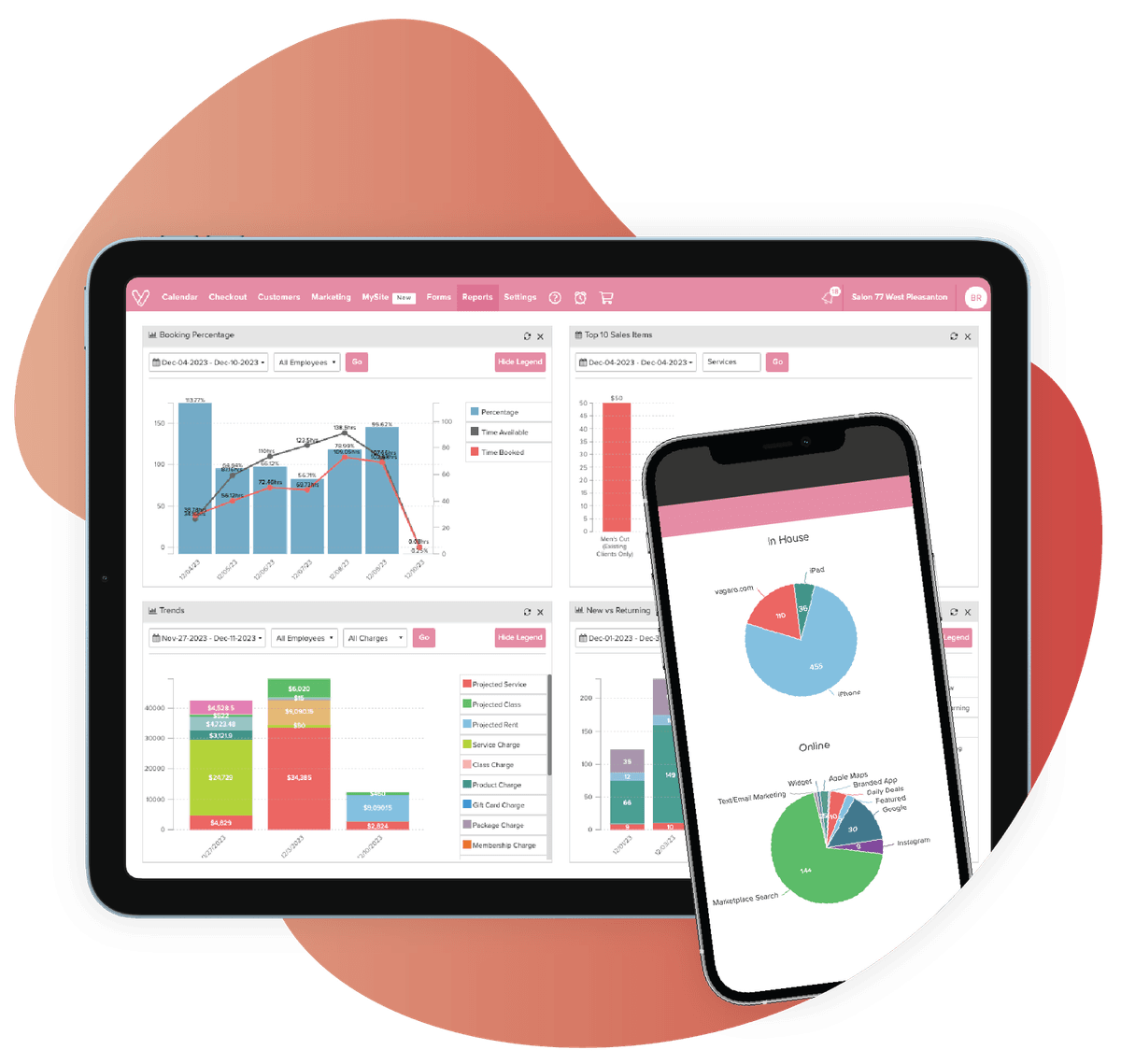 An image of a tablet and phone displaying dashboard automation within Vagaro's salon, spa and fitness software.