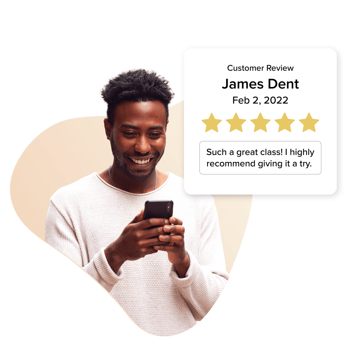 An image of a business owner receiving a 5 star review from a customer on Vagaro's salon, spa and fitness booking platform.