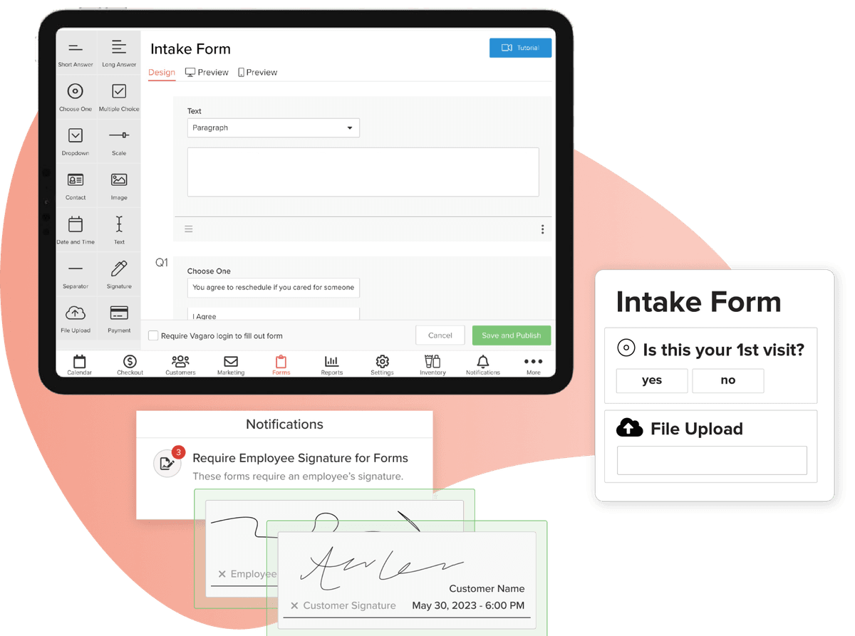 A tablet showing the intake form in Vagaro’s mental health software