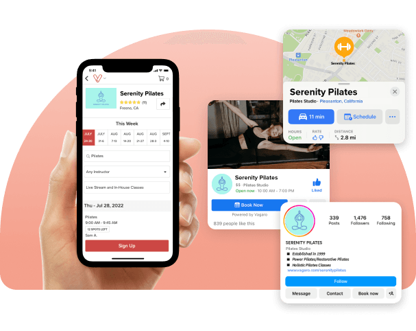 A phone and laptop showing Vagaro’s online booking in our Pilates software and marketplace