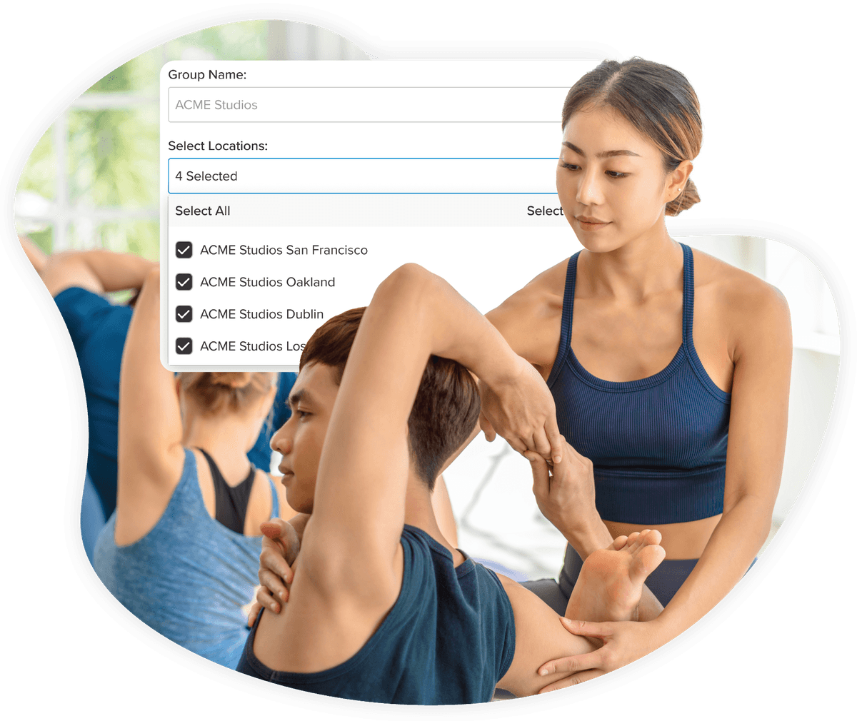 A picture of a fitness instructor hosting a class and a customer popup of the reporting feature within the Vagaro salon, spa and fitness software.